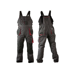 Szare ogrodniczki robocze t.b.t. z czerwonymi akcentami, widok z przodu i z tyłu.