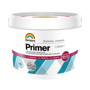 Białe wiadro podkładu Beckers z nadrukami i informacją o promocji.