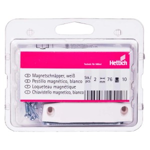 Zestaw 2 białych zatrzasków magnetycznych XXL ze sztywną płytką, wykonanych z tworzywa sztucznego do przykręcania.