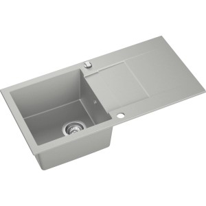 Szary zlewozmywak granitowy t.b.t. z ociekaczem i komorą.