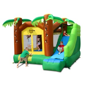 Dmuchany zamek t.b.t. ze zjeżdżalnią i motywem dżungli do ogrodu.