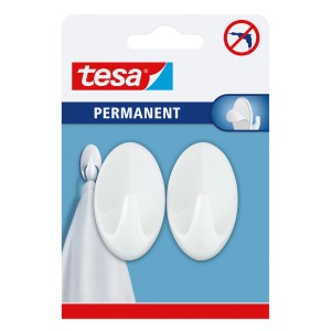 Tesa Permanentne haczyki, 2 szt., białe akcesoria łazienkowe do montażu na ścianie bez wiercenia.