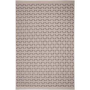 Beżowy dywan ze wzorem graficznym do salonu.