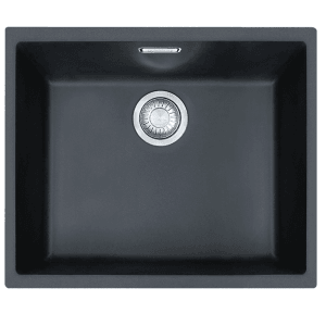 Szary zlewozmywak granitowy t.b.t. z okrągłym odpływem i przelewem.