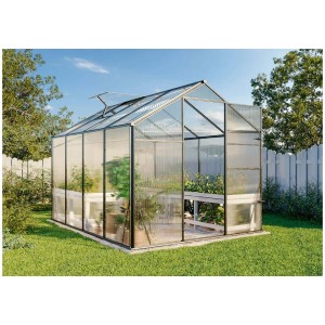 Szklarnia Terrando Sanus 290x290cm z roślinami w ogrodzie pod błękitnym niebem.