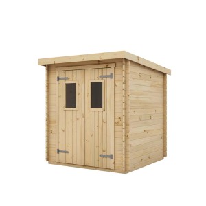 Kompaktowy, naturalny drewniany domek ogrodowy t.b.t. z podwójnymi drzwiami i oknami.