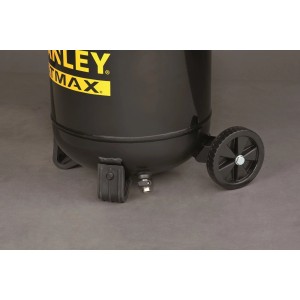 Zbliżenie: Czarny kompresor t.b.t. z kołami i zaworem spustowym.