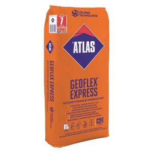Pomarańczowy worek kleju do płytek Atlas Geoflex Express do szybkiego wiązania.