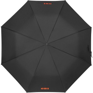 Otwarty, czarny parasol OBI (Ø 98 cm) z logo OBI. Półautomatyczny, dla niezawodnej ochrony.