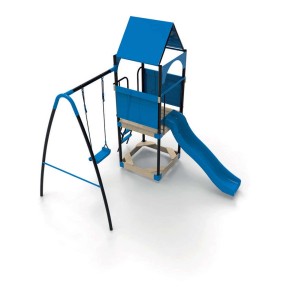 Niebieski plac zabaw z wieżą, zjeżdżalnią i huśtawką dla dzieci.