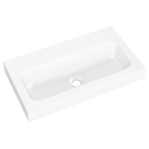 Prostokątna, biała umywalka nablatowa t.b.t. do łazienki.