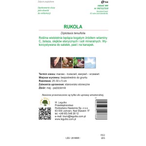Opakowanie nasion rukoli: Informacje o uprawie, zbiorze i zastosowaniu warzywa.