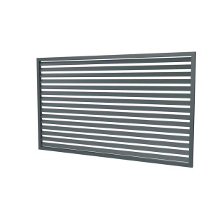 Szary metalowy panel ogrodzeniowy t.b.t. z poziomymi prętami do ogrodu.