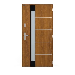 Nowoczesne drzwi zewnętrzne z wstawką szklaną i efektem drewna. Drzwi wejściowe do domu.