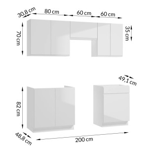 Zestaw mebli kuchennych t.b.t. w kolorze białym z wymiarami. Kuchnia modułowa dla OBI.