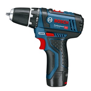 Wiertarko-wkrętarka akumulatorowa Bosch Professional GSR 12V-15 w walizce z akumulatorami i akcesoriami.