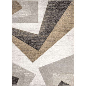 Nowoczesny dywan z geometrycznym wzorem w odcieniach szarości, beżu i czerni.