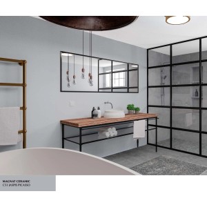 Nowoczesna łazienka z umywalką, lustrem i prysznicem. Kolor ściany: t.b.t.