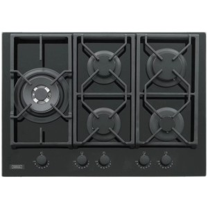 Czarna płyta kuchenna t.b.t. z pięcioma palnikami.