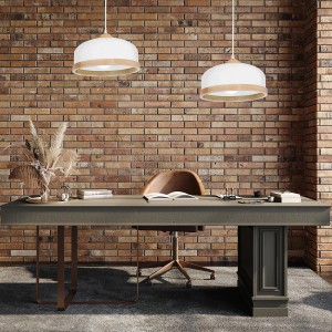 Dwie nowoczesne białe lampy wiszące (Lampy wiszące) nad biurkiem.