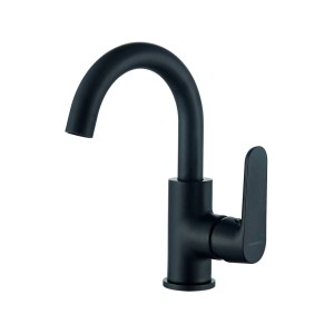 Czarna bateria umywalkowa t.b.t. z wysoką wylewką do nowoczesnych łazienek.