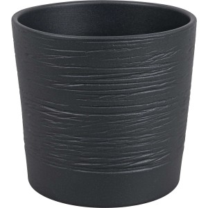 Czarna doniczka t.b.t. z poziomą teksturą do użytku wewnątrz i na zewnątrz.