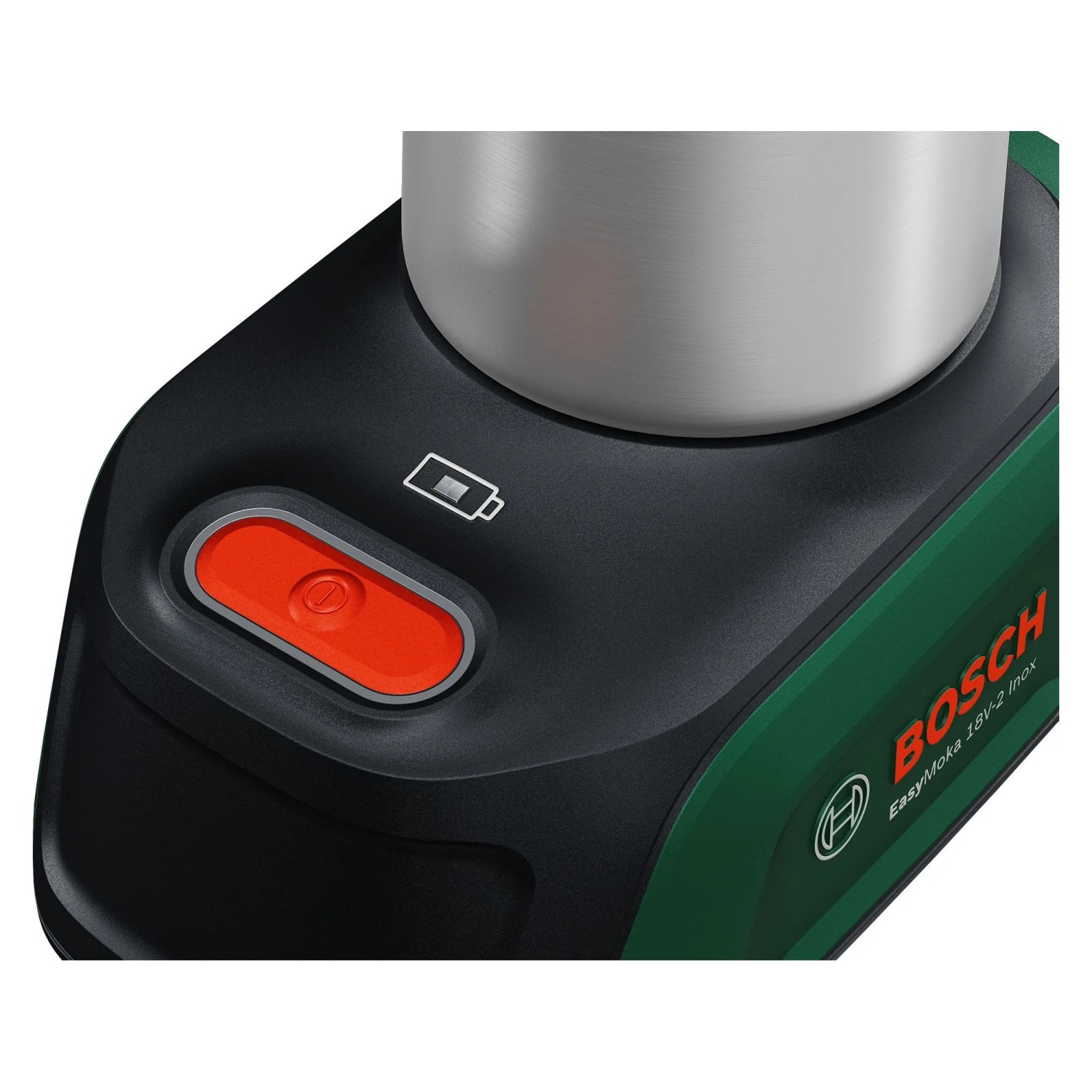 Zbliżenie ekspresu akumulatorowego Bosch EasyMoka 18V-2 Inox. Zielona obudowa, czerwony przycisk zasilania, symbol baterii i dzbanek inox.