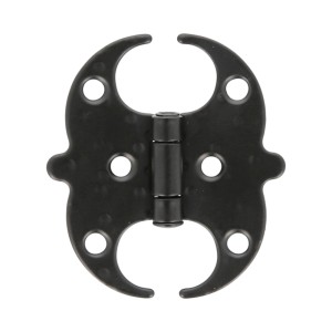 Czarny zawias meblowy t.b.t. o dekoracyjnym kształcie z otworami montażowymi.