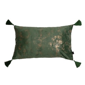 Dekoracyjna zielona poduszka t.b.t. z frędzlami do dekoracji wnętrz.