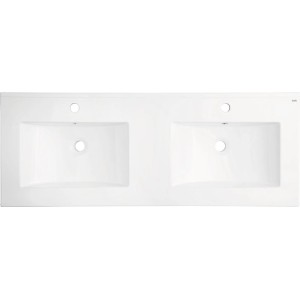 Biała podwójna umywalka nablatowa t.b.t. do łazienki.