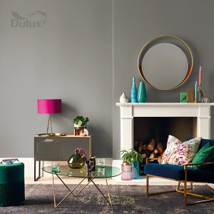 Salon z szarą farbą ścienną Dulux, udekorowany meblami i akcesoriami.