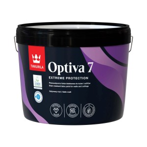 Farba do wnętrz Tikkurila Optiva 7, Extreme Protection, w czarnym wiadrze z fioletowymi akcentami.