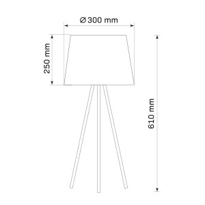 Szkic lampy stołowej t.b.t. z wymiarami. Lampa dekoracyjna z abażurem i podstawą trójnożną.