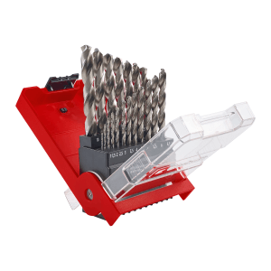 Zestaw wierteł do metalu Einhell, 19-częściowy, wiertła ze stali HSS-G w czerwonej kasecie z przezroczystą pokrywą.