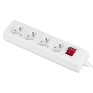 Biała listwa zasilająca z czterema gniazdami Schuko i czerwonym włącznikiem.