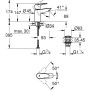 Rysunek techniczny: Bateria umywalkowa Grohe QuickFix Start Edge S z wymiarami i detalami.