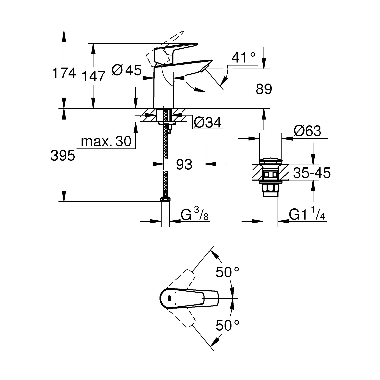Rysunek techniczny: Bateria umywalkowa Grohe QuickFix Start Edge S z wymiarami i detalami.
