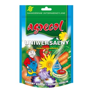 Opakowanie nawozu uniwersalnego Agrecol z motywami warzyw i kwiatów.