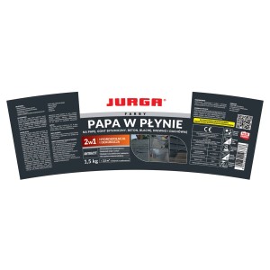 Etykieta na płynną papę Jurga, antracyt, 1,5 kg. Do bitumu, betonu, blachy, drewna.