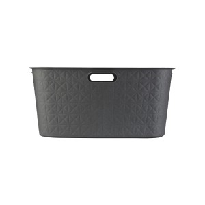 Szary kosz na pranie z geometrycznym wzorem i uchwytami.