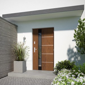 Nowoczesne drzwi wejściowe drewniane z elementem szklanym i aplikacjami ze stali nierdzewnej.