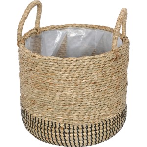 Okrągła doniczka na zioła t.b.t. z trawy morskiej z uchwytami i czarną podstawą.