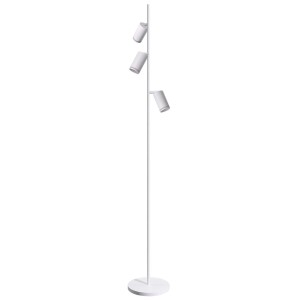 Biała lampa podłogowa t.b.t. z trzema reflektorami do salonu.