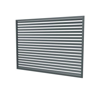 Szary metalowy panel ogrodzeniowy z poziomymi listwami zapewniającymi prywatność.