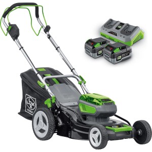 Zestaw akumulatorowej kosiarki LUX 40V z 2 akumulatorami i ładowarką. Kosiarka czarno-szara z koszem.