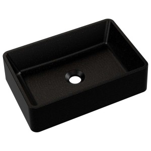 Czarna umywalka nablatowa t.b.t., prostokątna z centralnym otworem odpływowym.