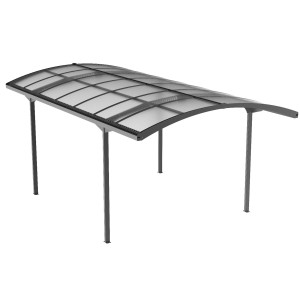 Szara wiata garażowa t.b.t. z zakrzywionym dachem i czterema podporami.