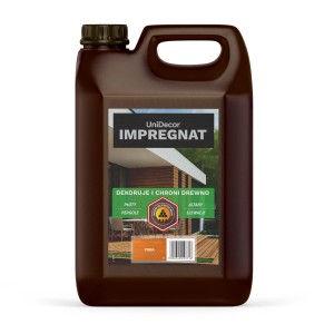 Brązowy kanister impregnatu do drewna na płoty, pergole i inne.