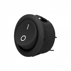 Czarny przełącznik kołyskowy t.b.t. z symbolem 'I/O' do włączania/wyłączania.