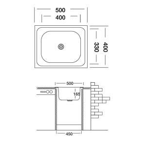 Rysunek techniczny zlewozmywaka ze stali nierdzewnej z wymiarami do instalacji.